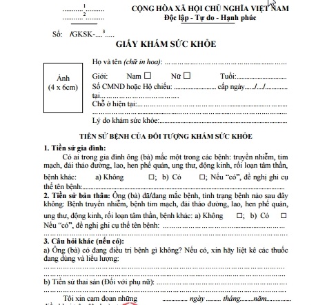Mẫu khám sức khỏe Mẫu khám sức khỏe